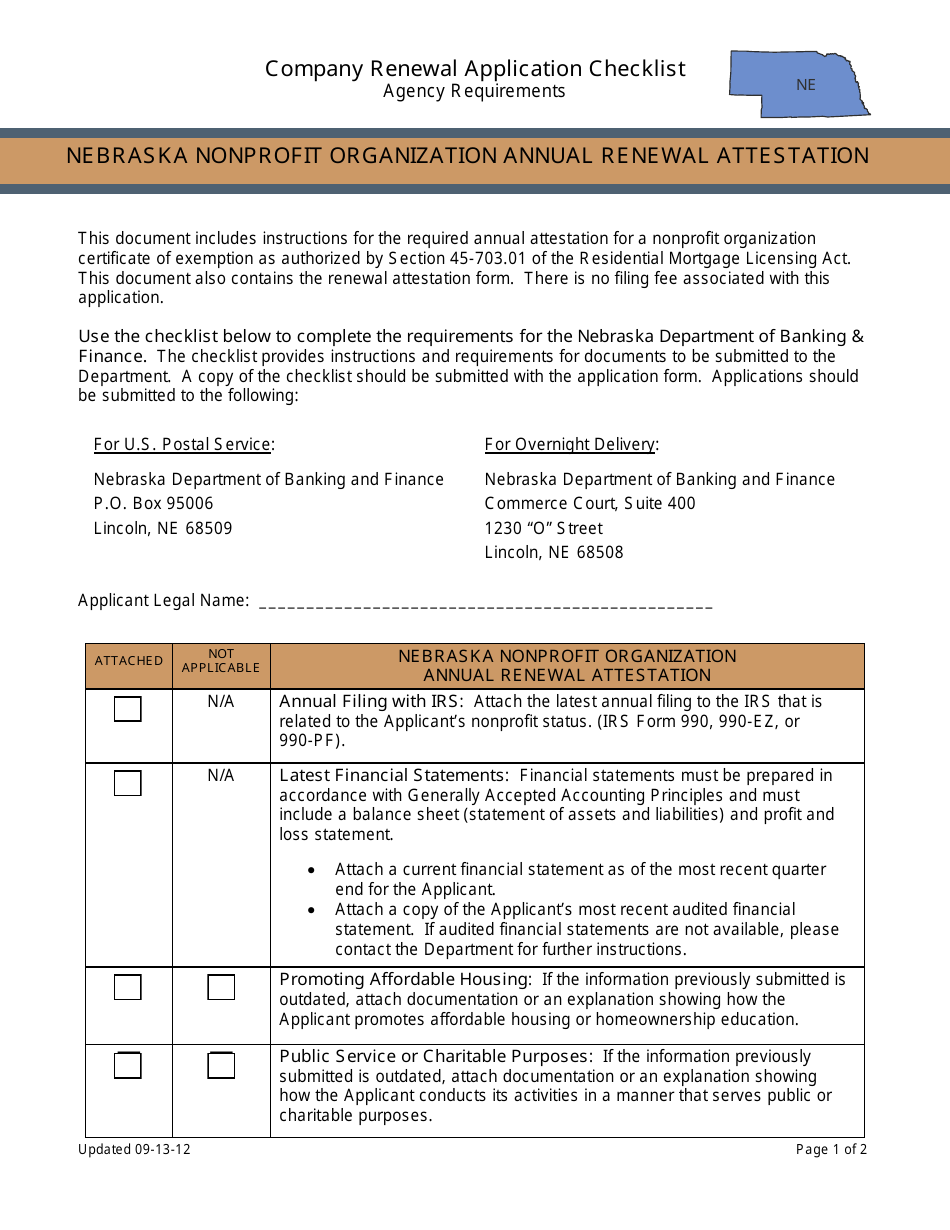 Nebraska Nonprofit Organization Annual Renewal Attestation - Company Renewal Application Checklist - Nebraska, Page 1