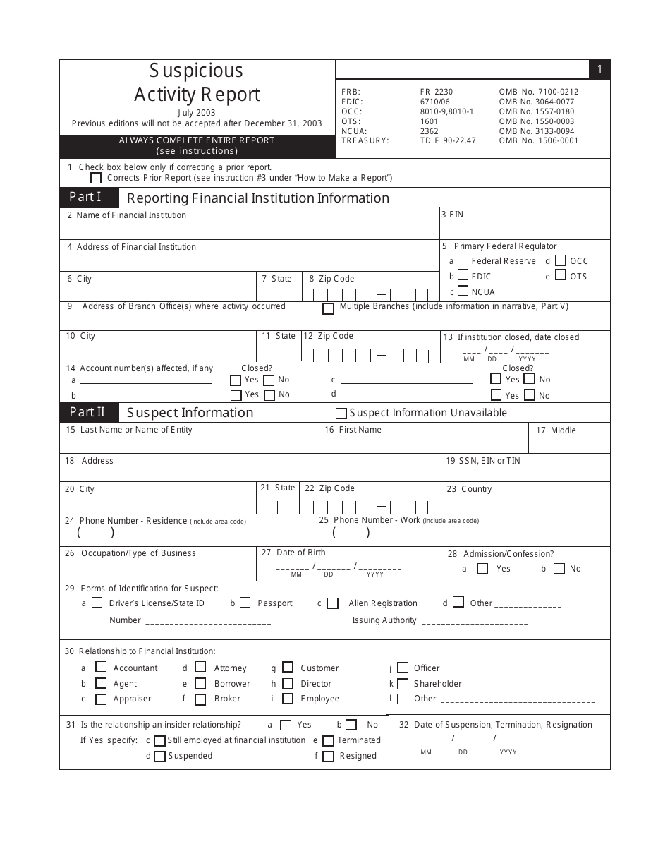 FDIC Form 6710 / 06 Suspicious Activity Report, Page 1