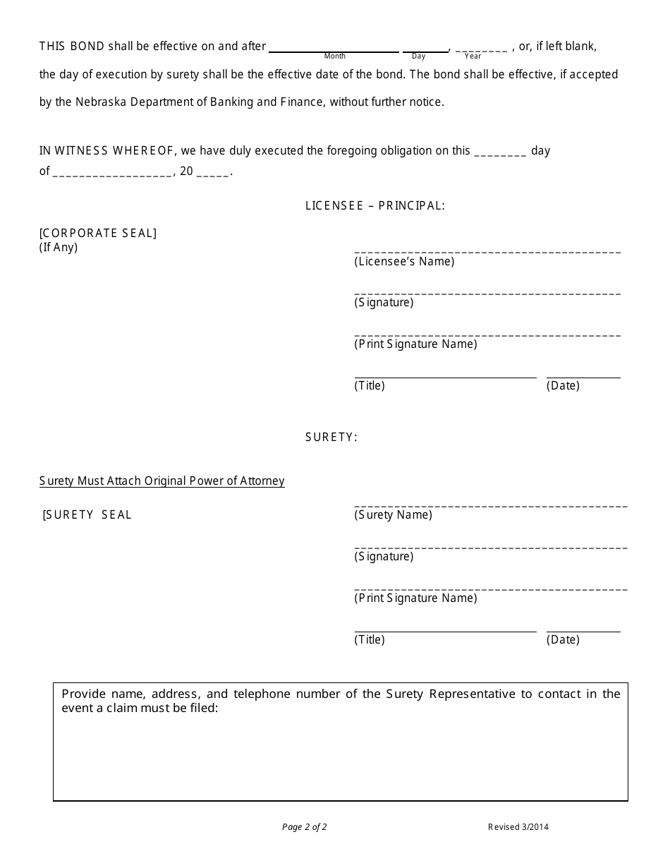 Nebraska Delayed Deposit Services Business Bond Form - Fill Out, Sign 