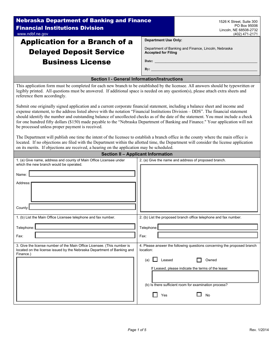 Application for a Branch of a Delayed Deposit Service Business License - Nebraska, Page 1