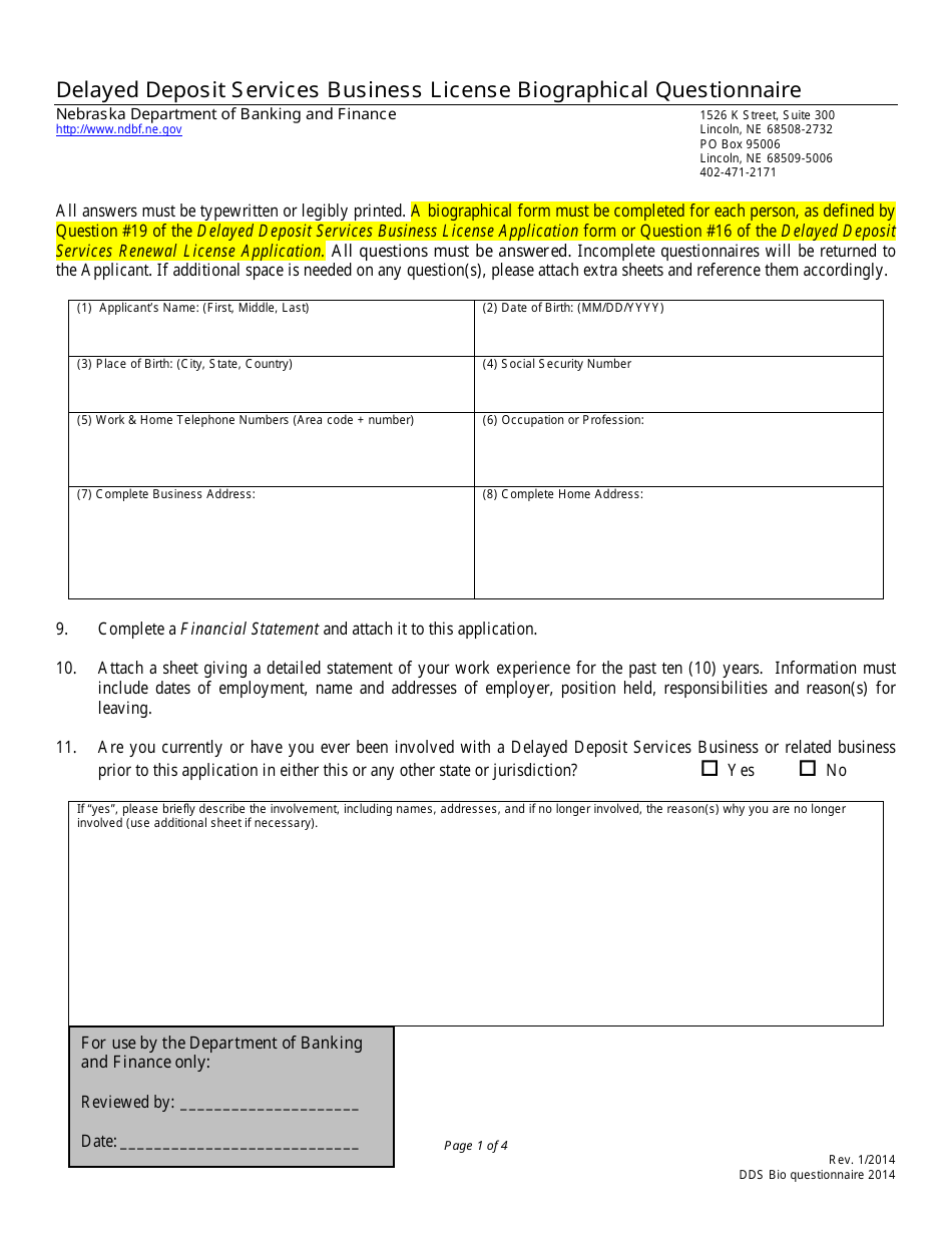 Delayed Deposit Services Business License Biographical Questionnaire - Nebraska, Page 1