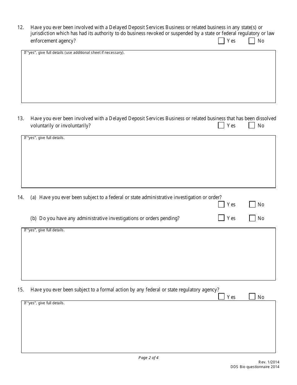 Delayed Deposit Services Business License Biographical Questionnaire - Nebraska, Page 2