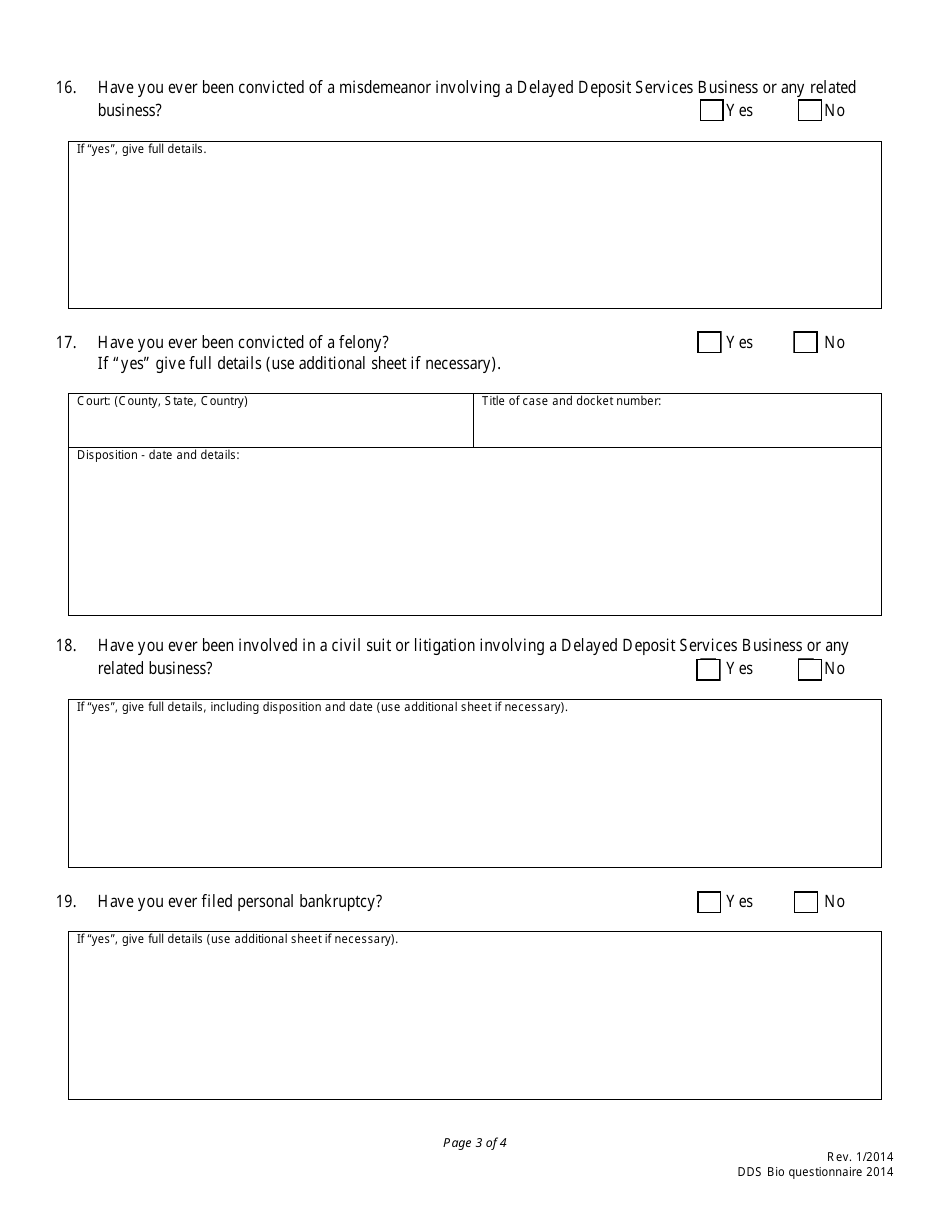 Delayed Deposit Services Business License Biographical Questionnaire - Nebraska, Page 3