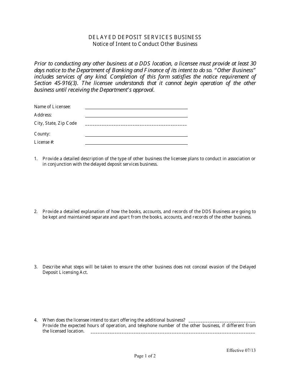 Delayed Deposit Services Business - Notice of Intent to Conduct Other Business - Nebraska, Page 1