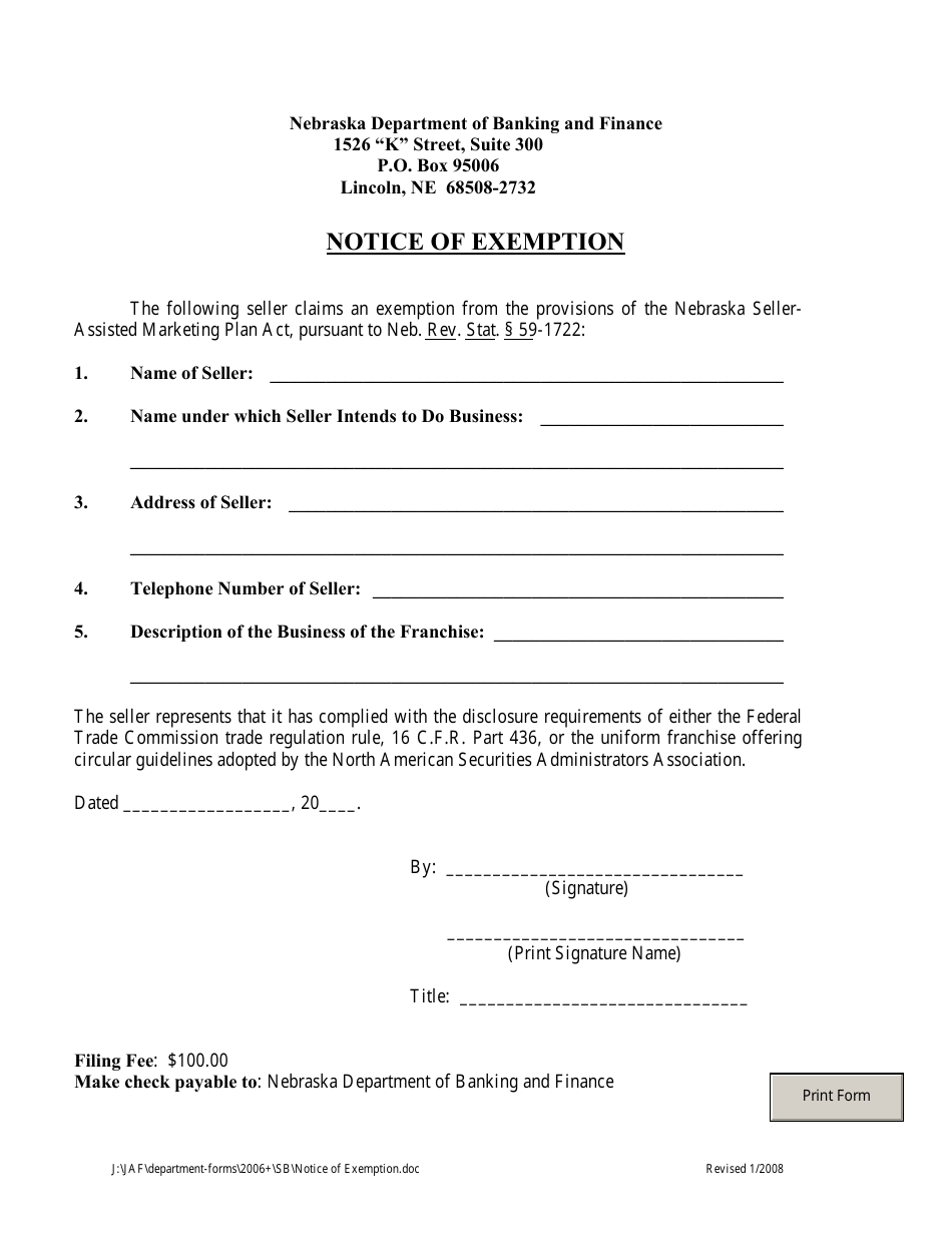 Notice of Exemption - Nebraska, Page 1