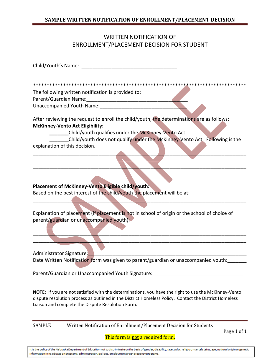 Sample Written Notification of Enrollment / Placement Decision - Nebraska, Page 1