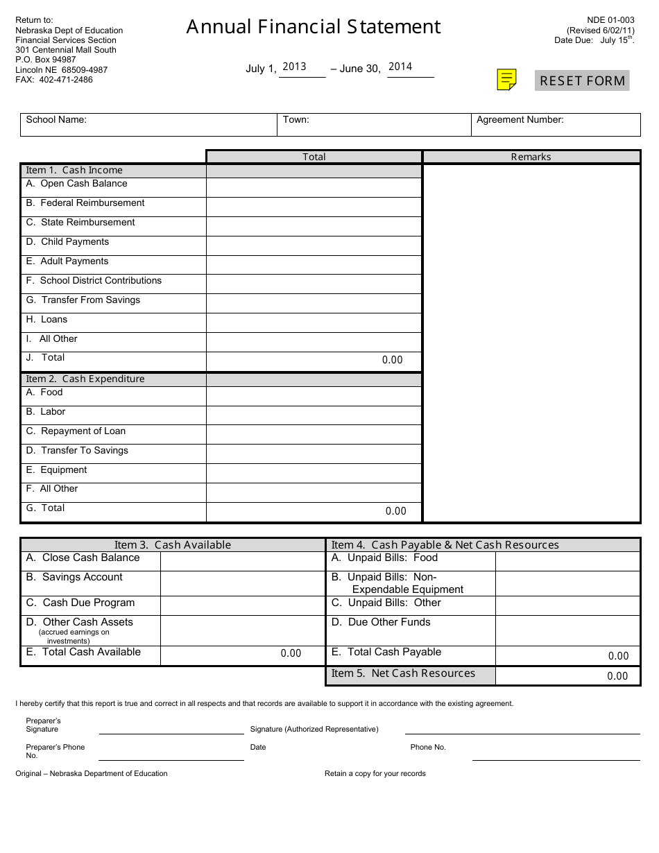 NDE Form 01-003 Annual Financial Statement - Nebraska, Page 1