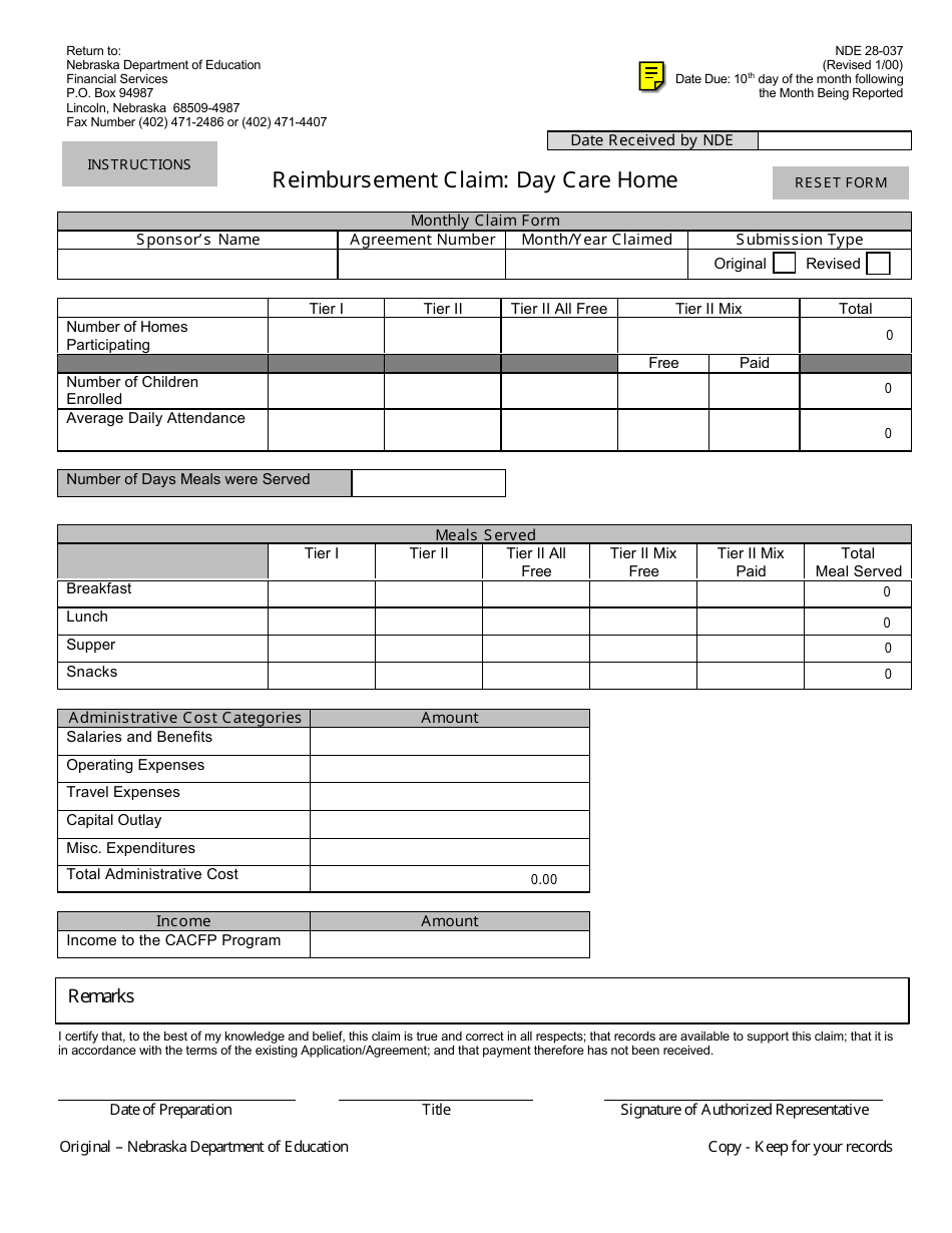 NDE Form 28-037 Reimbursement Claim: Day Care Home - Nebraska, Page 1