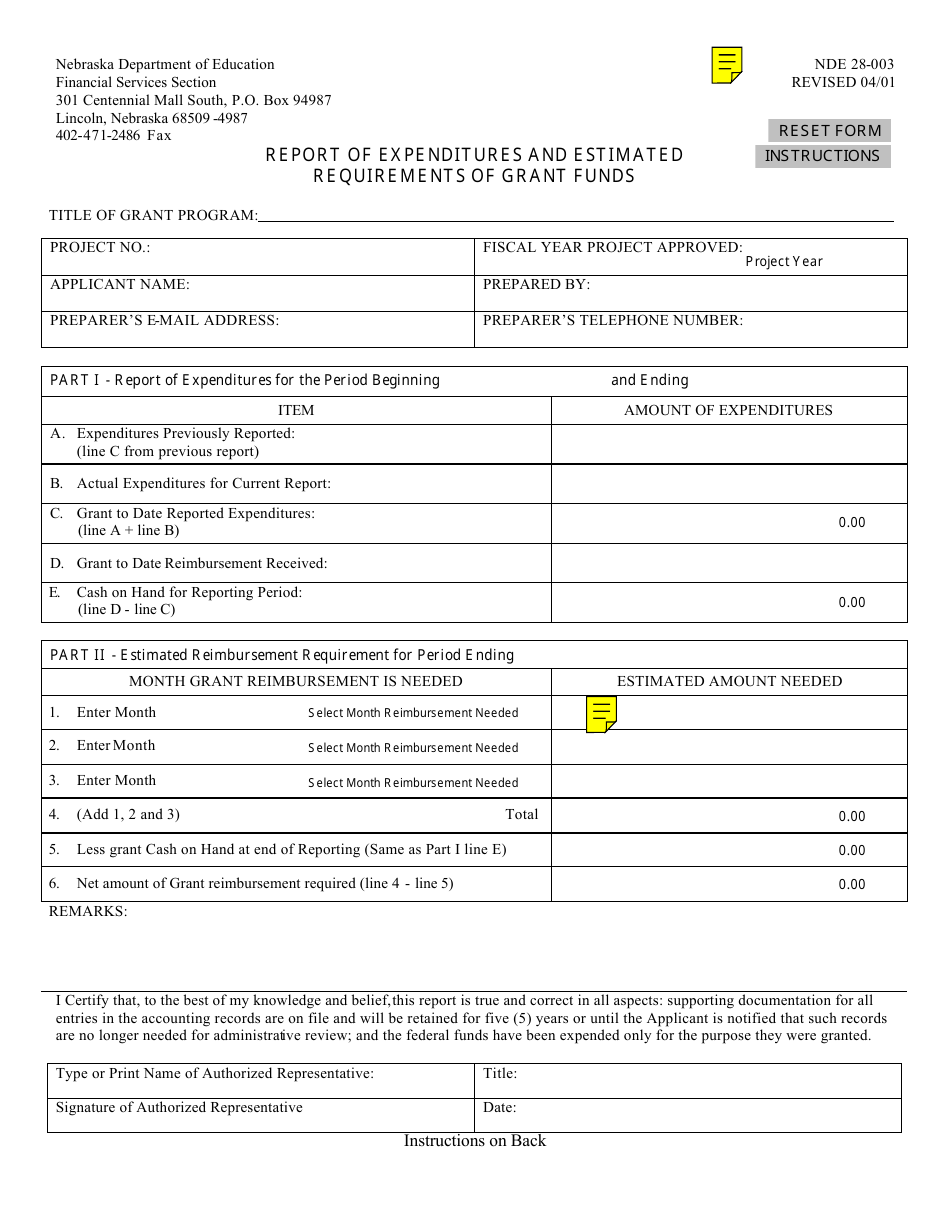 NDE Form 28-003 Report of Expenditures and Estimated Requirements of Grant Funds - Nebraska, Page 1