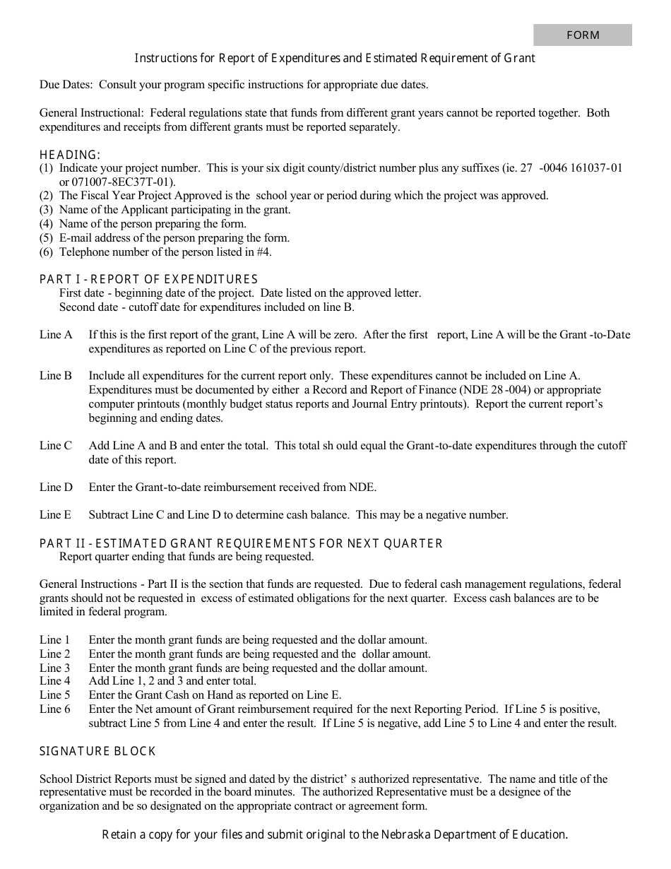 NDE Form 28-003 Report of Expenditures and Estimated Requirements of Grant Funds - Nebraska, Page 2