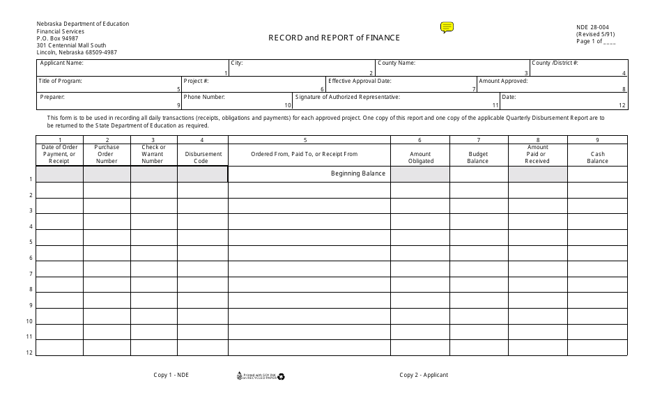 NDE Form 28-004 Record and Report of Finance - Nebraska, Page 1
