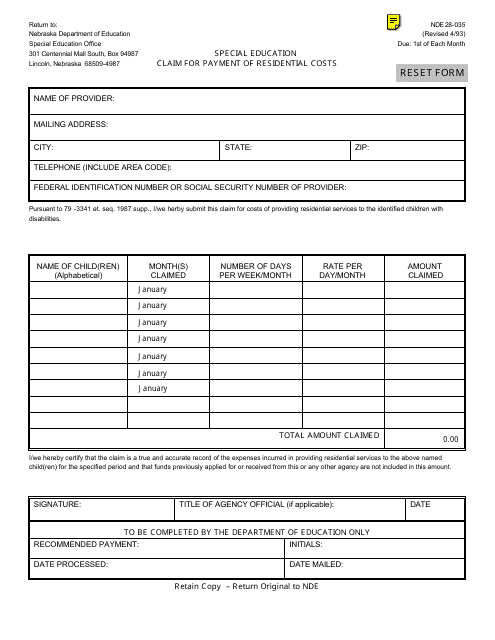 NDE Form 28-035 Special Education Claim for Payment of Residential Costs - Nebraska