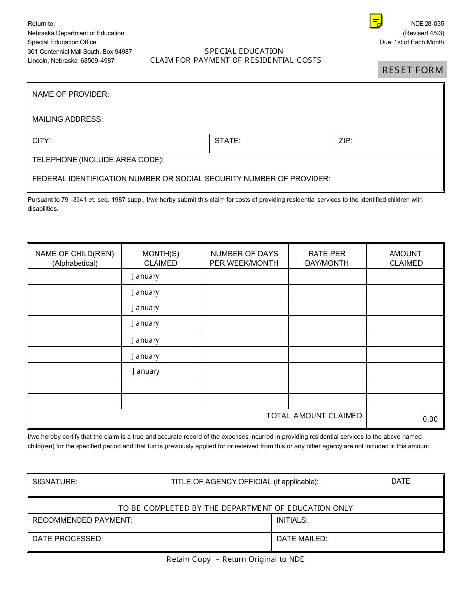 NDE Form 28-035 Special Education Claim for Payment of Residential Costs - Nebraska, Page 1