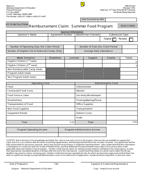 NDE Form 28-034 Reimbursement Claim: Summer Food Program - Nebraska