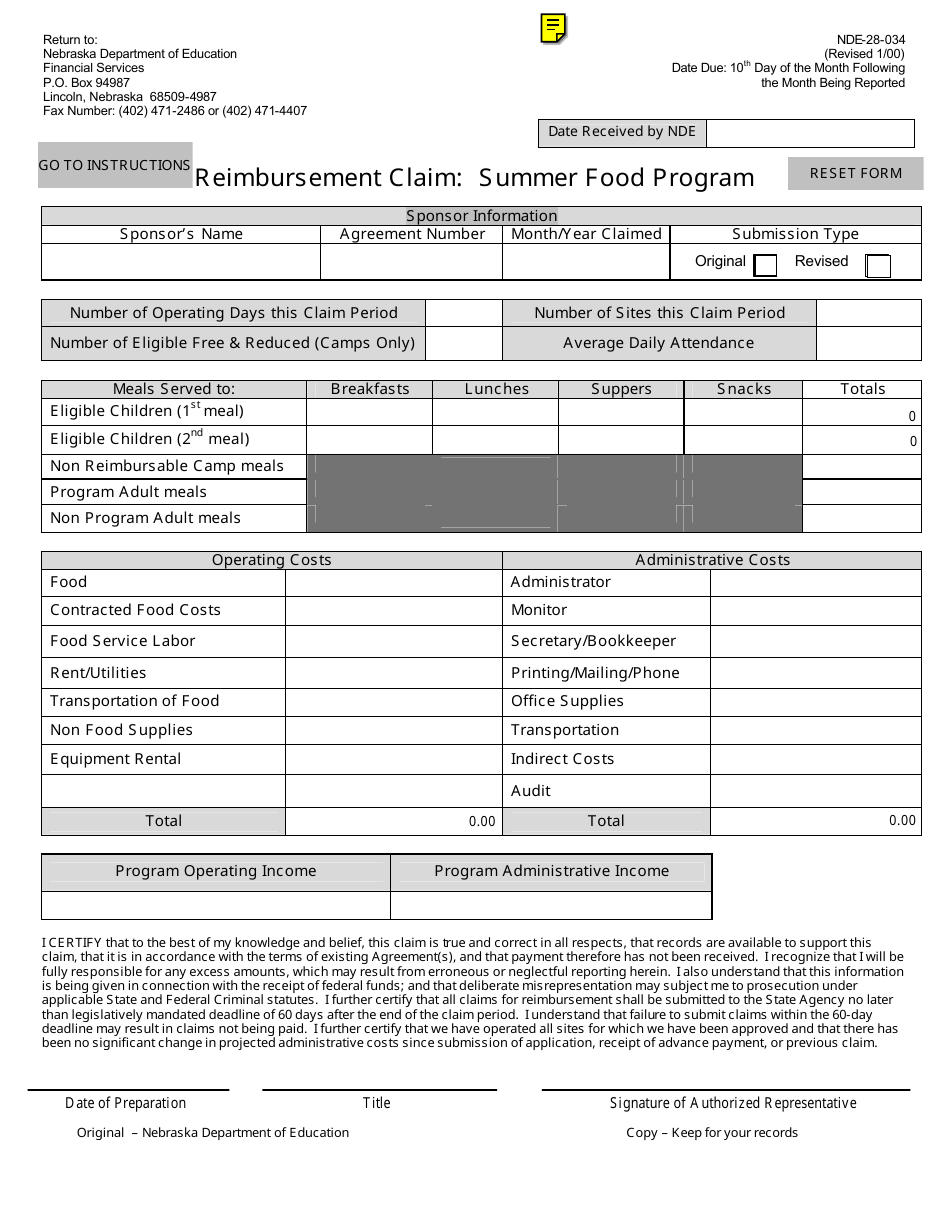 NDE Form 28-034 Reimbursement Claim: Summer Food Program - Nebraska, Page 1