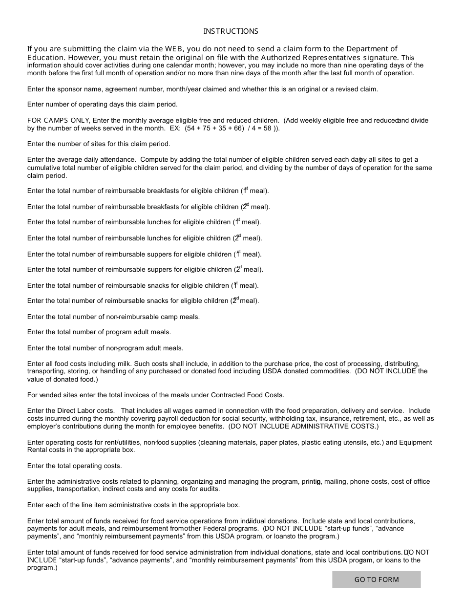 NDE Form 28-034 Reimbursement Claim: Summer Food Program - Nebraska, Page 2