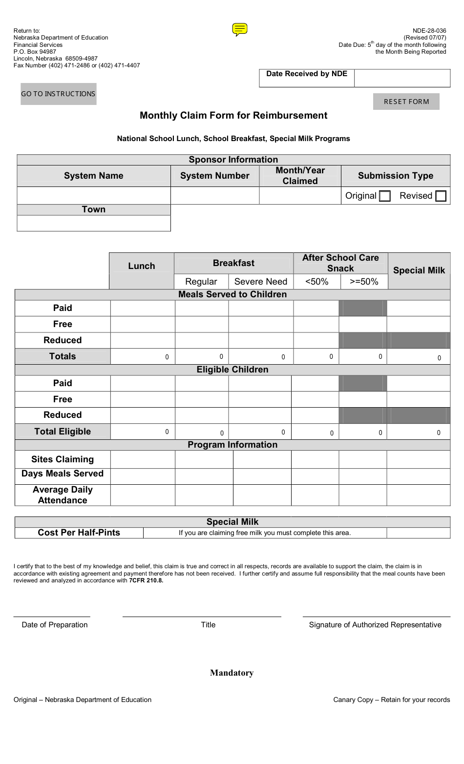 NDE Form 28-036 Monthly Claim Form for Reimbursement - Nebraska, Page 1