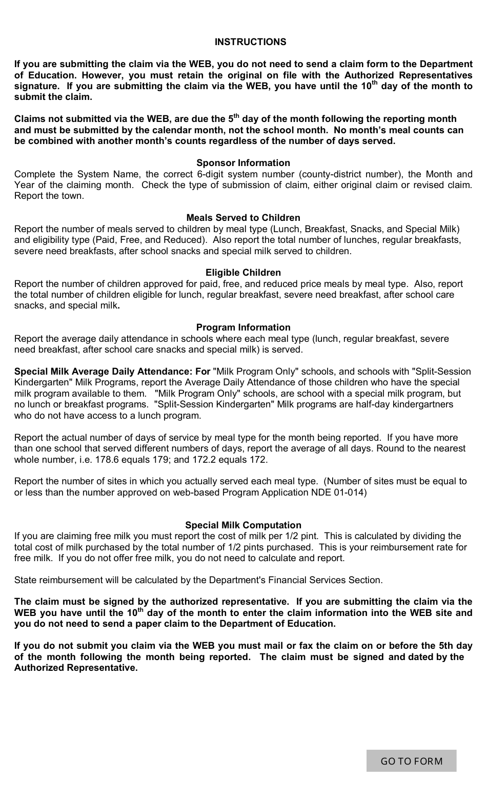 NDE Form 28-036 Monthly Claim Form for Reimbursement - Nebraska, Page 2