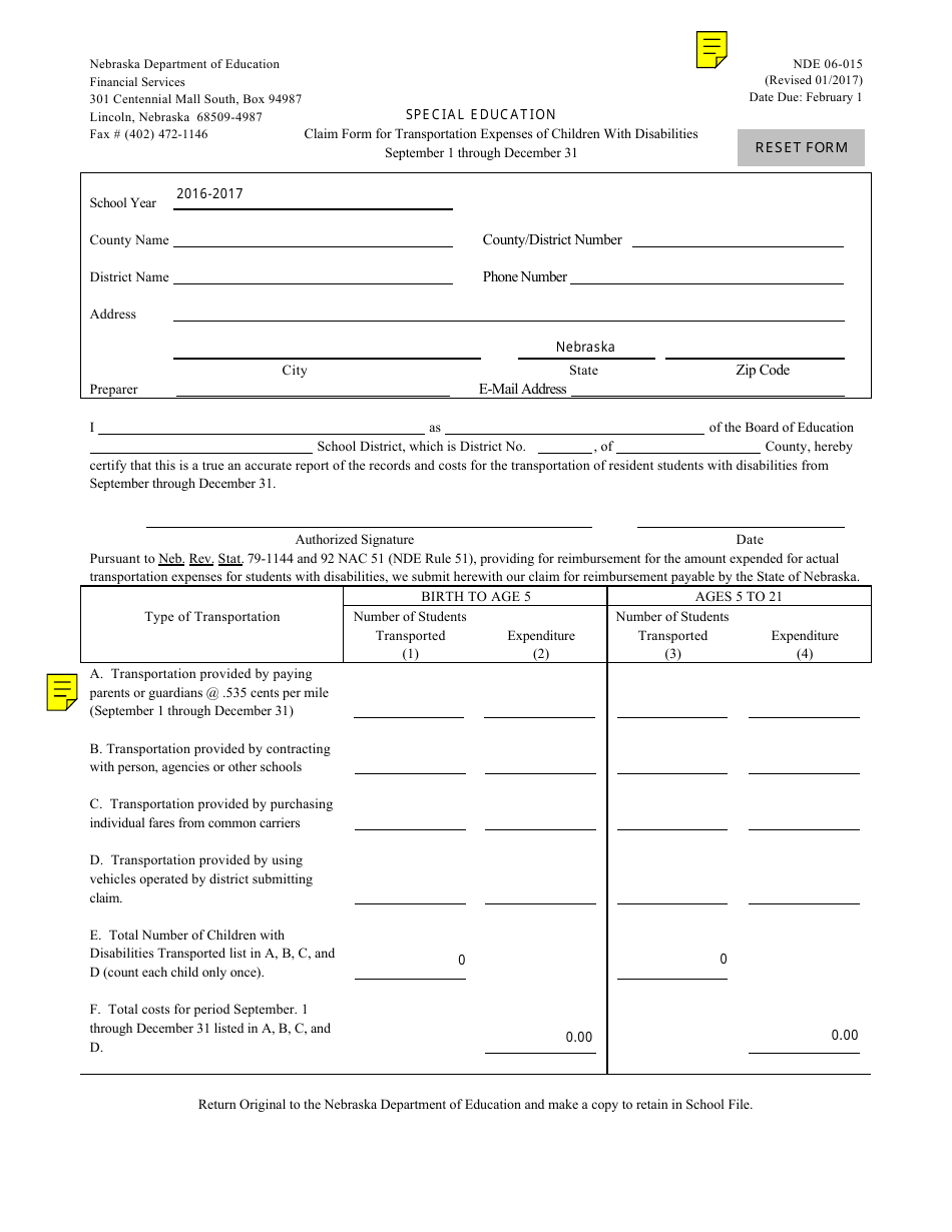 NDE Form 06-015 Claim Form for Transportation Expenses of Children With Disabilities - Nebraska, Page 1