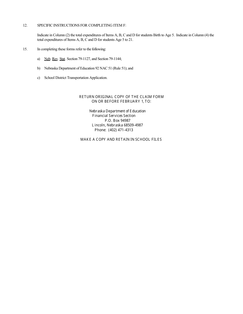 NDE Form 06-015 Claim Form for Transportation Expenses of Children With Disabilities - Nebraska, Page 3
