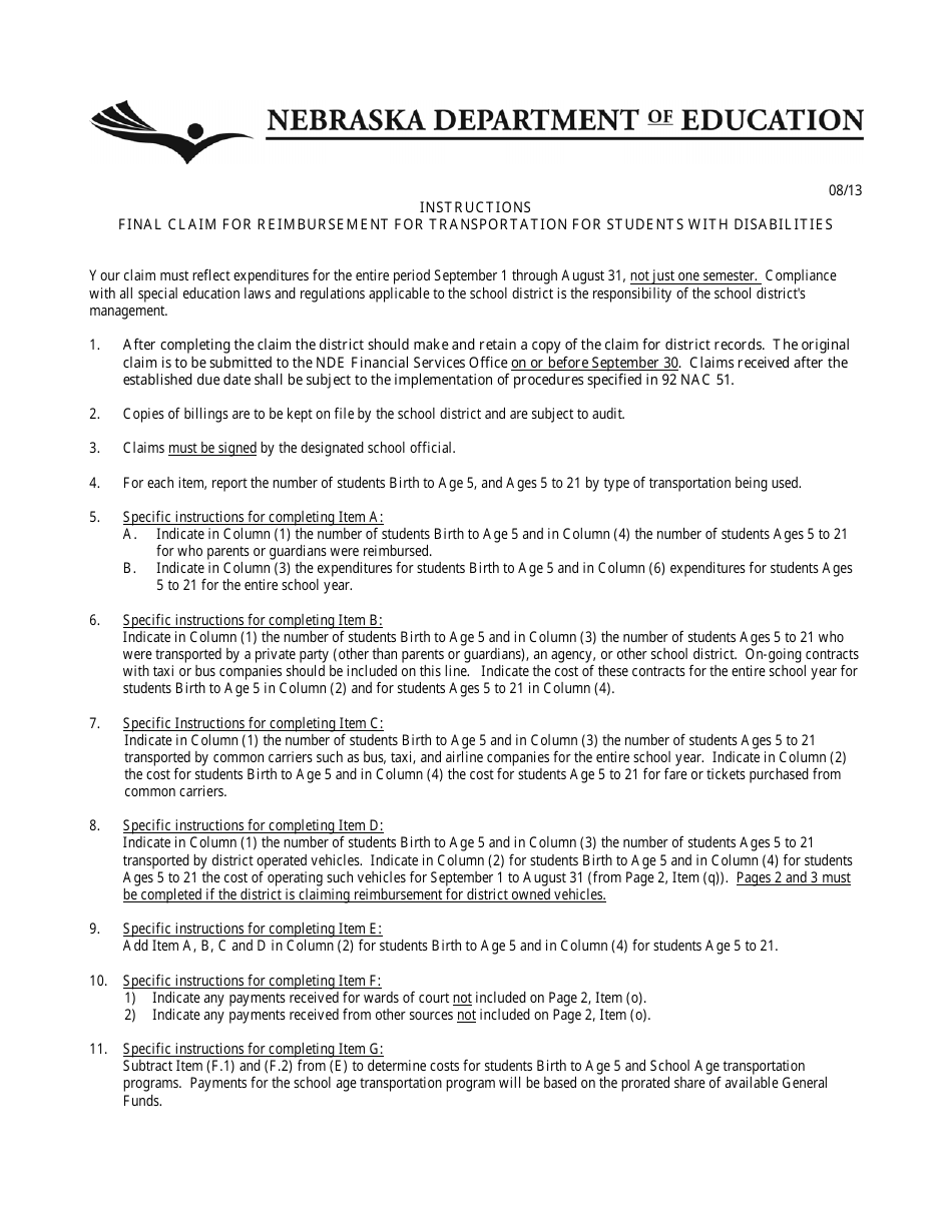 Instructions for NDE Form 06-016 Final Claim for Reimbursement for Transportation for Students With Disabilities - Nebraska, Page 1