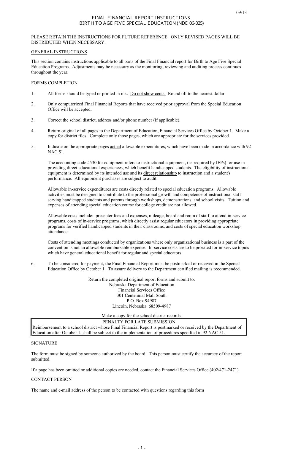 Instructions for NDE Form 06-025 Special Education Final Financial Report for Children With Disabilities Birth to Age Five - Nebraska, Page 1