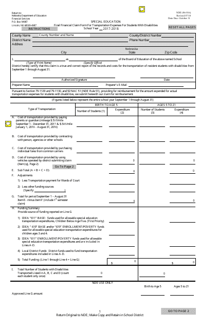 NDE Form 06-016 Final Financial Claim Form for Transportation Expenses for Students With Disabilities - Nebraska, 2018