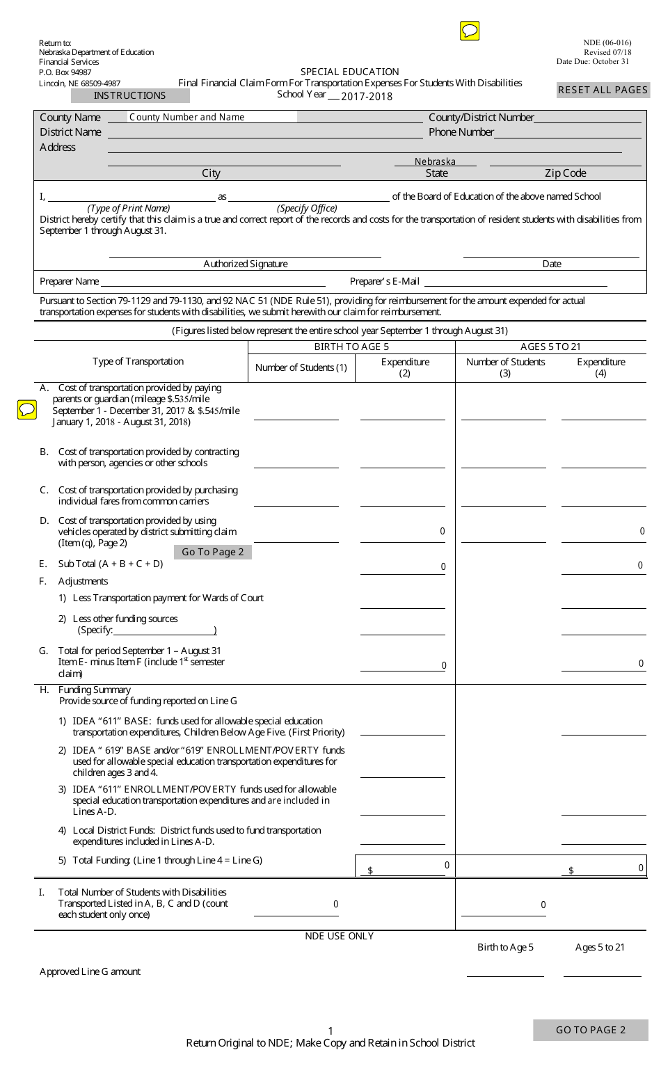 NDE Form 06-016 Final Financial Claim Form for Transportation Expenses for Students With Disabilities - Nebraska, Page 1