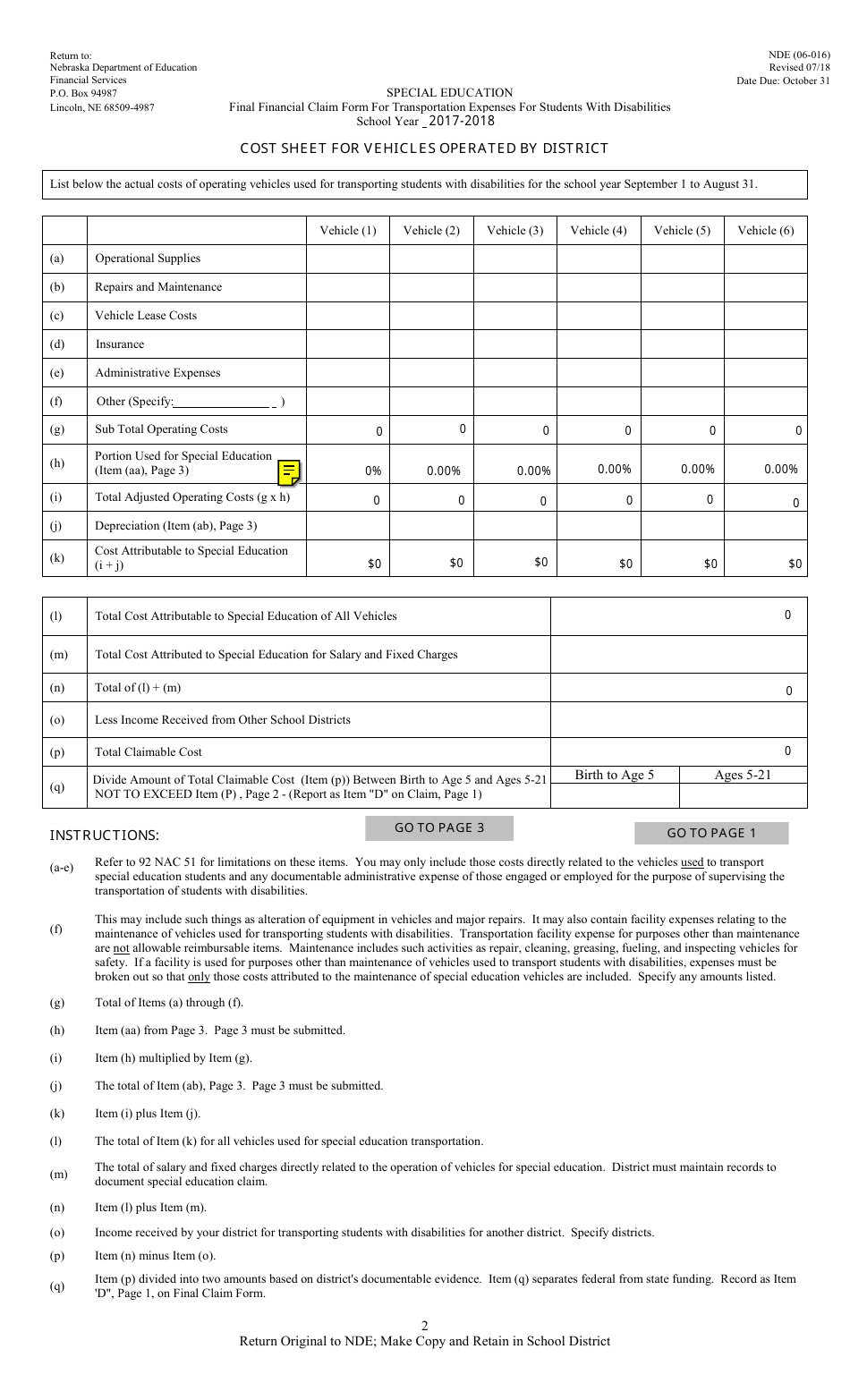 NDE Form 06-016 Final Financial Claim Form for Transportation Expenses for Students With Disabilities - Nebraska, Page 2