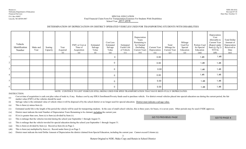 NDE Form 06-016 Final Financial Claim Form for Transportation Expenses for Students With Disabilities - Nebraska, Page 3