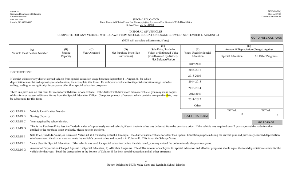 NDE Form 06-016 Final Financial Claim Form for Transportation Expenses for Students With Disabilities - Nebraska, Page 4