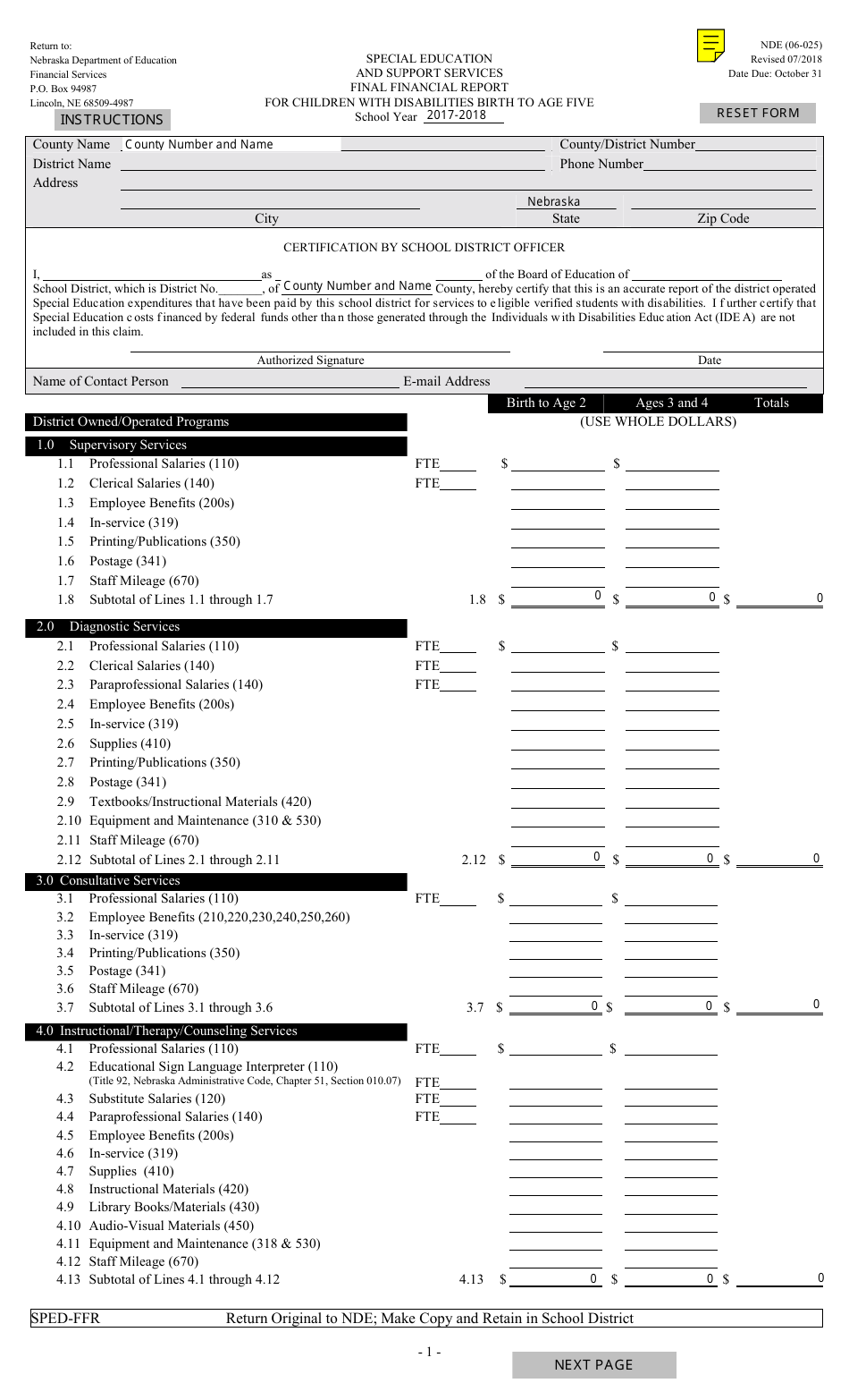 NDE Form 06-025 Final Financial Report for Children With Disabilities Birth to Age Five - Nebraska, Page 1
