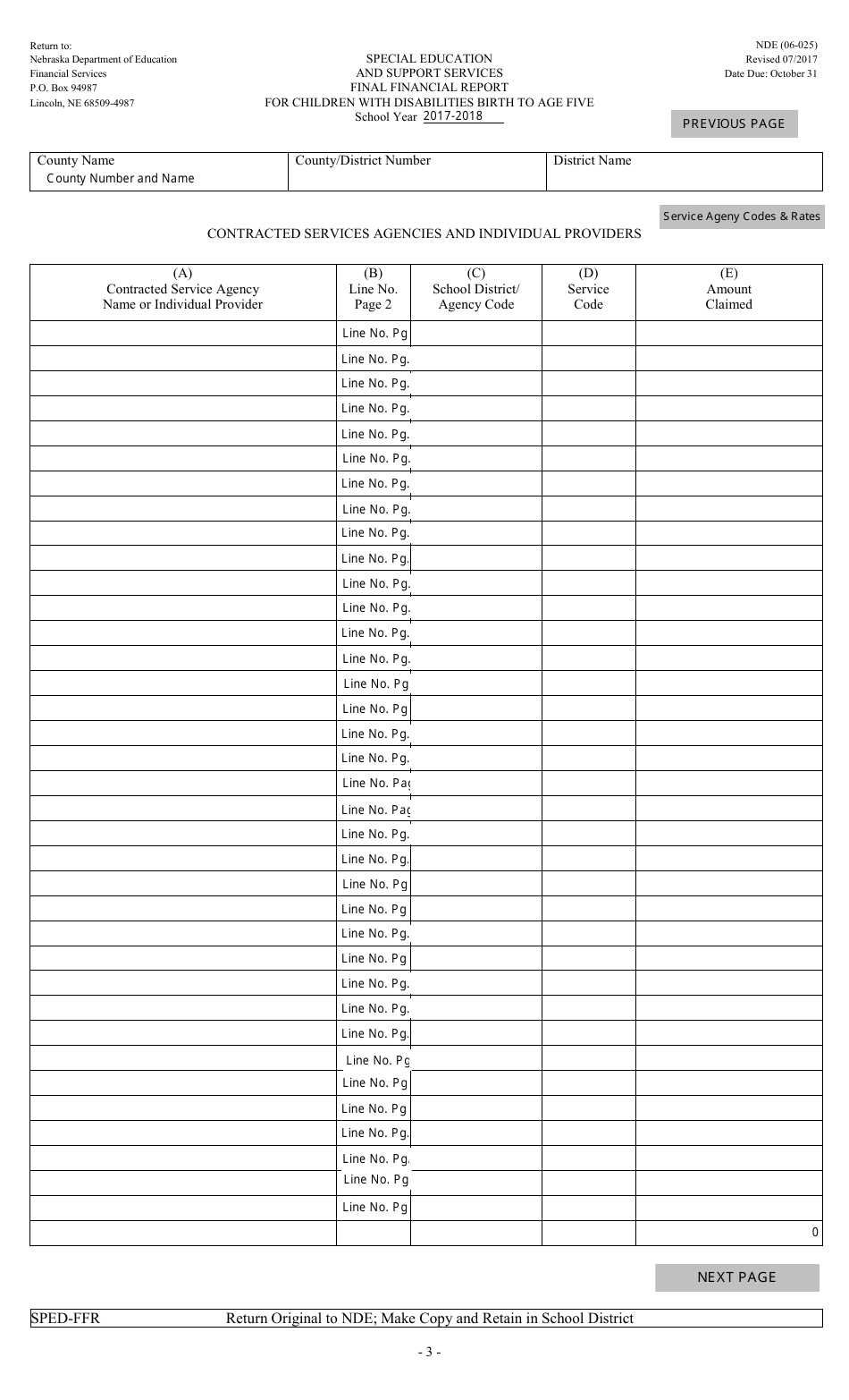 NDE Form 06-025 Final Financial Report for Children With Disabilities Birth to Age Five - Nebraska, Page 3