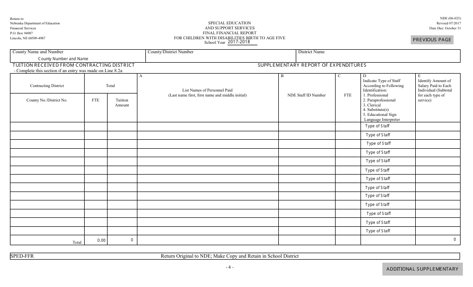 NDE Form 06-025 Final Financial Report for Children With Disabilities Birth to Age Five - Nebraska, Page 4
