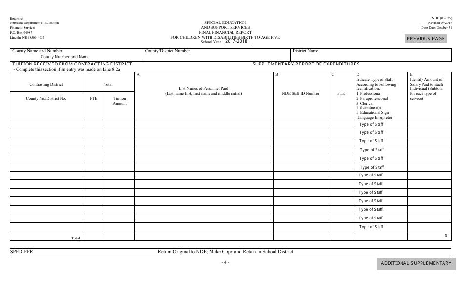 NDE Form 06-025 Final Financial Report for Children With Disabilities Birth to Age Five - Nebraska, Page 5