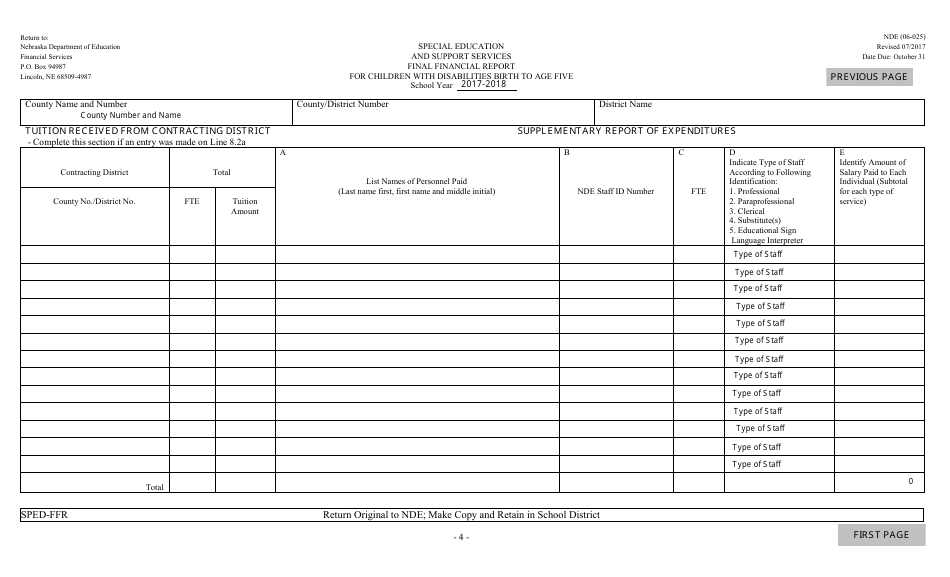 NDE Form 06-025 Final Financial Report for Children With Disabilities Birth to Age Five - Nebraska, Page 6