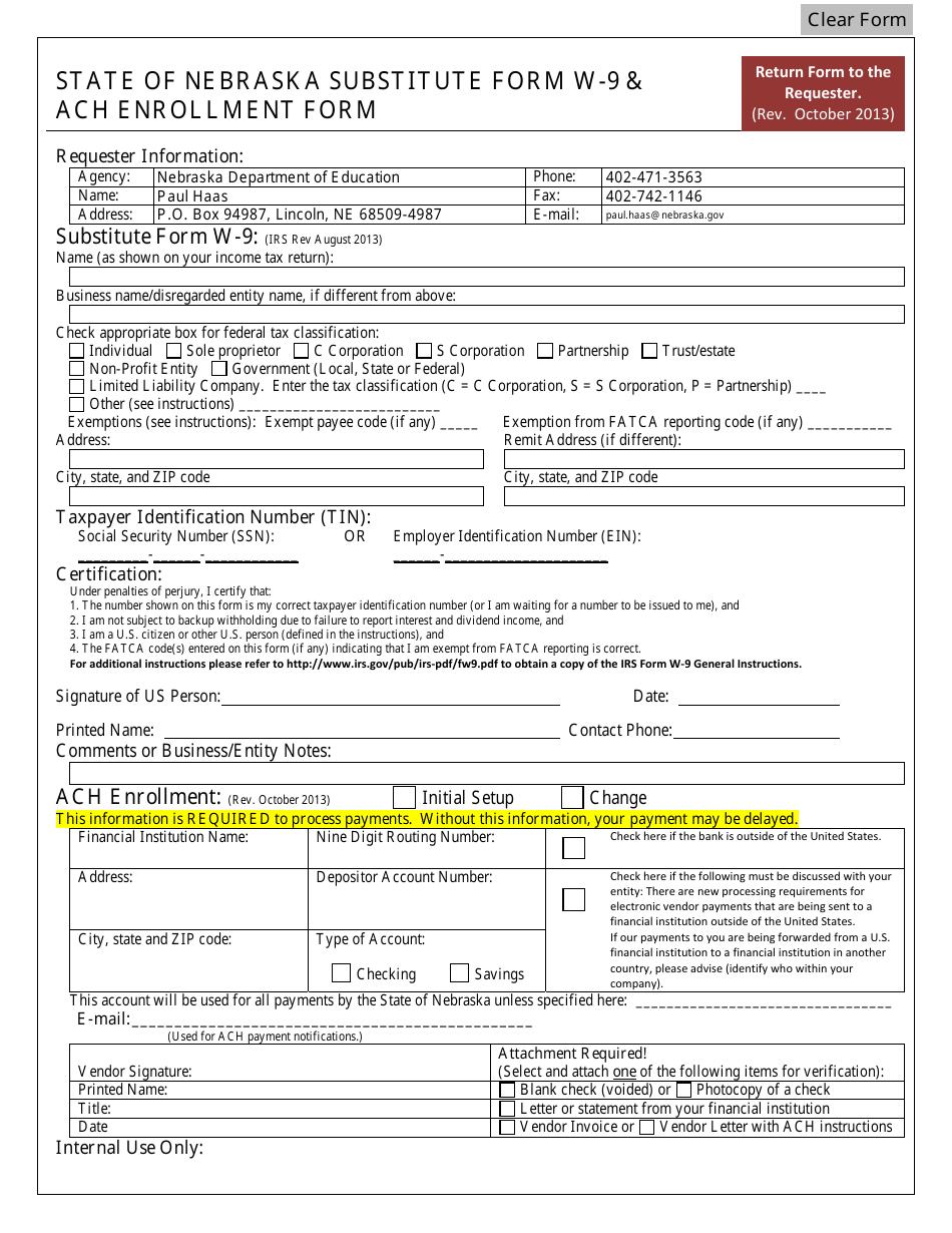 State of Nebraska Substitute Form W-9  ACH Enrollment Form - Nebraska, Page 1