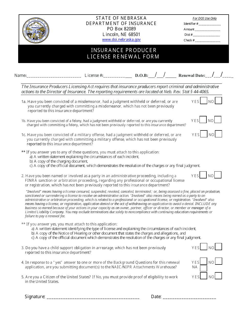 Insurance Producer License Renewal Form - Nebraska, Page 1