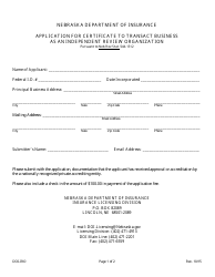 Form DOI-IRO Application for Certificate to Transact Business as an Independent Review Organization - Nebraska