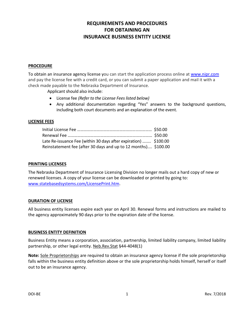 Uniform Application for Business Entity License/Registration - Nebraska, Page 1