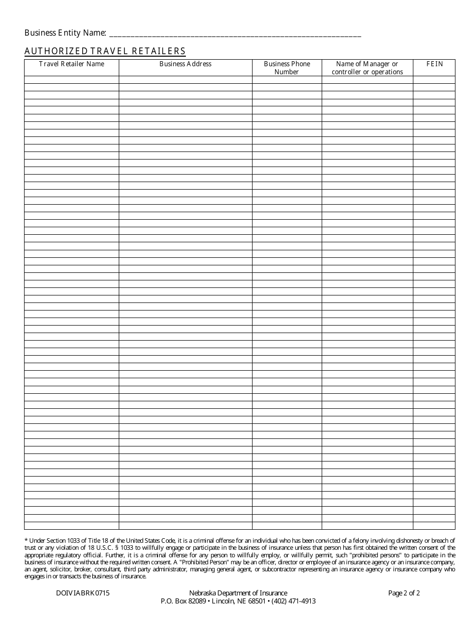 Limited Lines Travel Insurance Agency Certification of Authorized Travel Retailers - Nebraska, Page 2