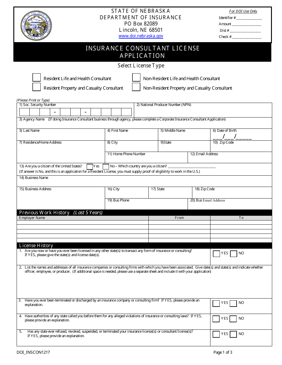 Form DOI-1217 Insurance Consultant License Application - Nebraska, Page 3