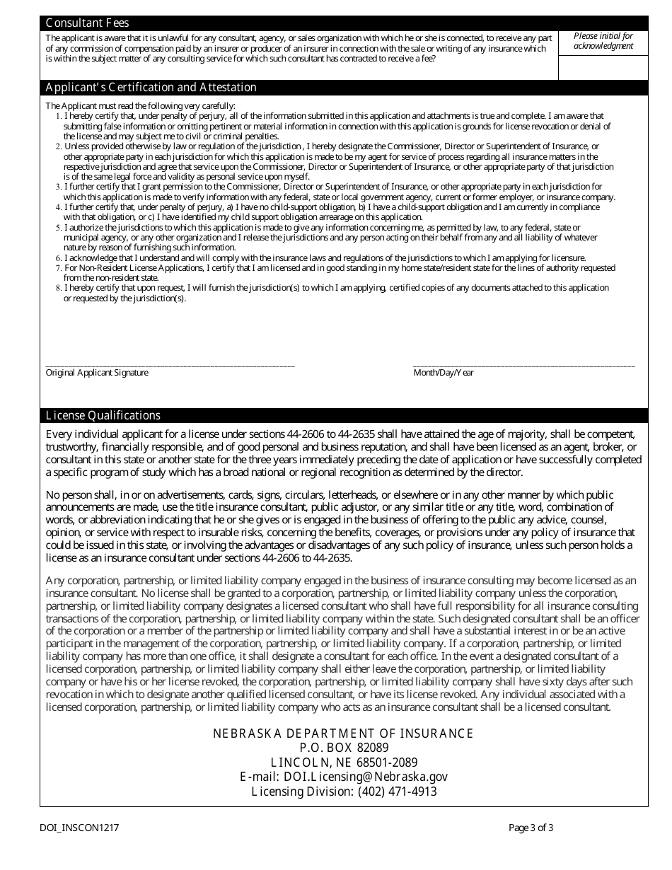 Form DOI-1217 Insurance Consultant License Application - Nebraska, Page 5