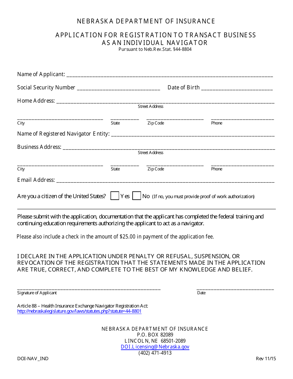 Form DOI-NAV_IND Application for Registration to Transact Business as an Individual Navigator - Nebraska, Page 1