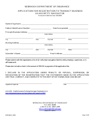 Document preview: Form DOI-NAV_IND Application for Registration to Transact Business as an Entity Navigator - Nebraska