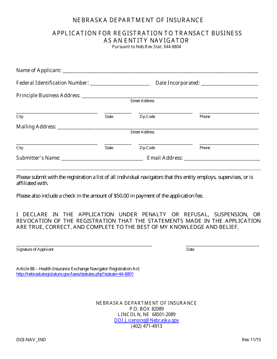 Form DOI-NAV_IND Application for Registration to Transact Business as an Entity Navigator - Nebraska, Page 1