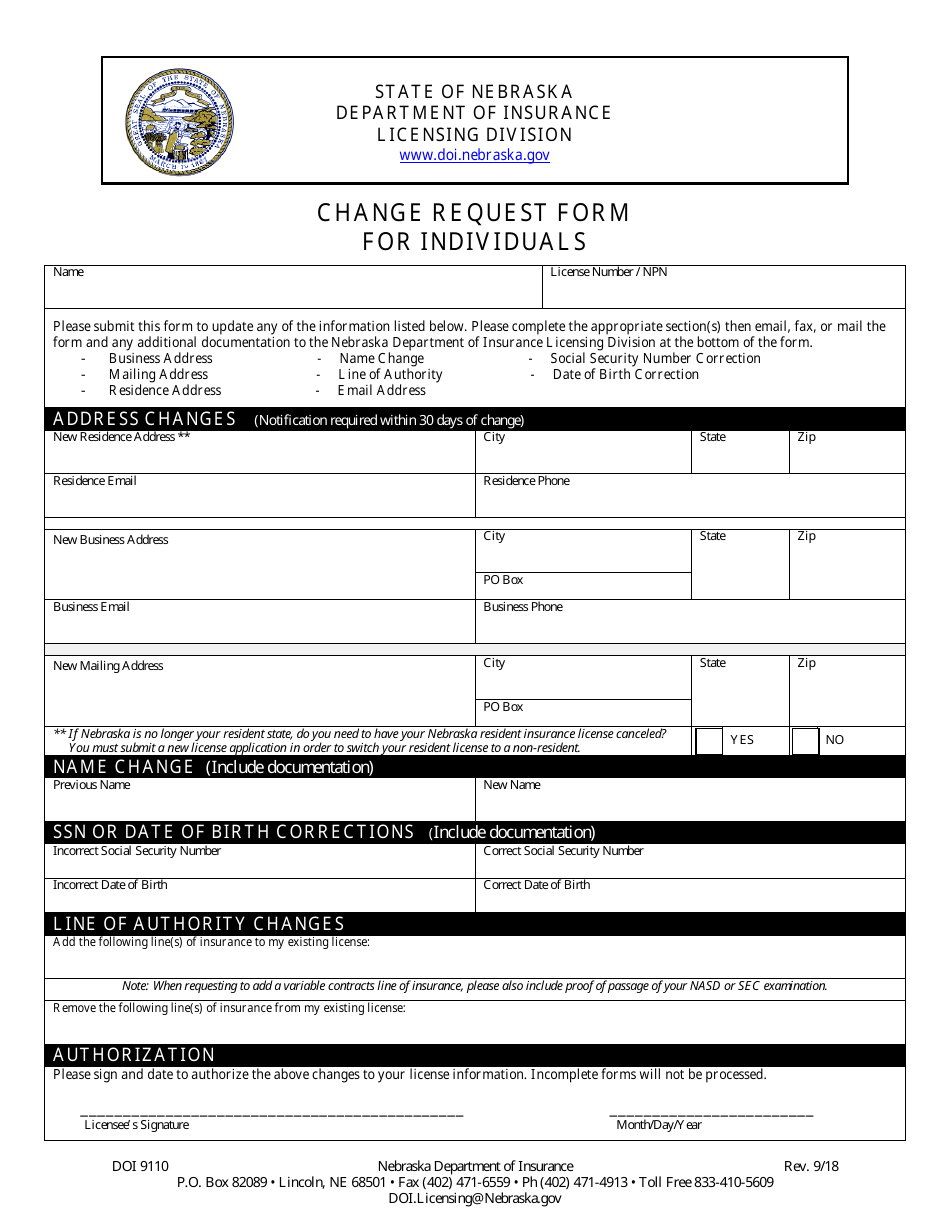 Form DOI9110 Change Request Form for Individuals - Nebraska, Page 1