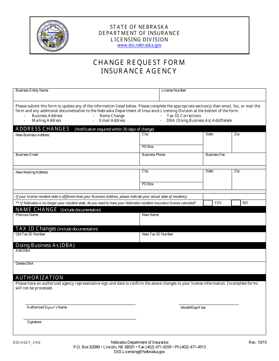Form DOI-AGCY_CHG Change Request Form Insurance Agency - Nebraska, Page 1