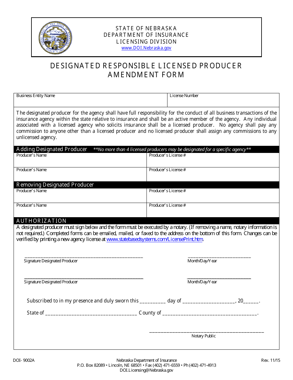 Form DOI-9002A Designated Responsible Licensed Producer Amendment Form - Nebraska, Page 1