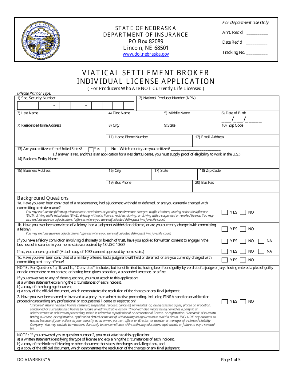 Form DOIVIABRK0715 Viatical Settlement Broker Individual License Application (Not Life Licensed) - Nebraska, Page 3